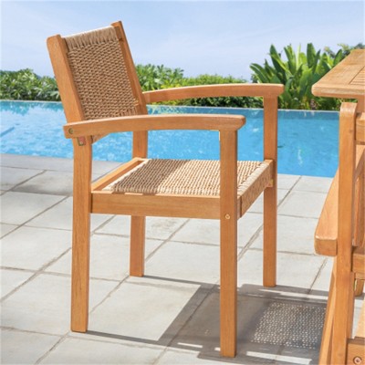 SKRAN Honey Wood Dining Chair, Set of 2 Stackable Chairs with Slatted back wicker strapped back and seat for patio Poolside & Garden, Light Brown