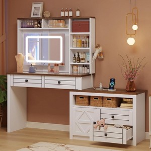 Makeup Vanity Desk with Mirror and Lights,Farmhouse Wood Make Up Vanity Table with Storage Drawers & Charging Station - 1 of 4