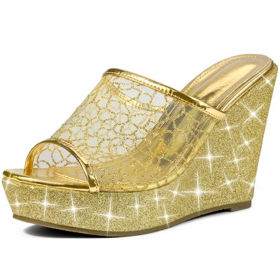 Allegra K Women's Glitter Platform Wedges Slip on Wedge Slide Sandals