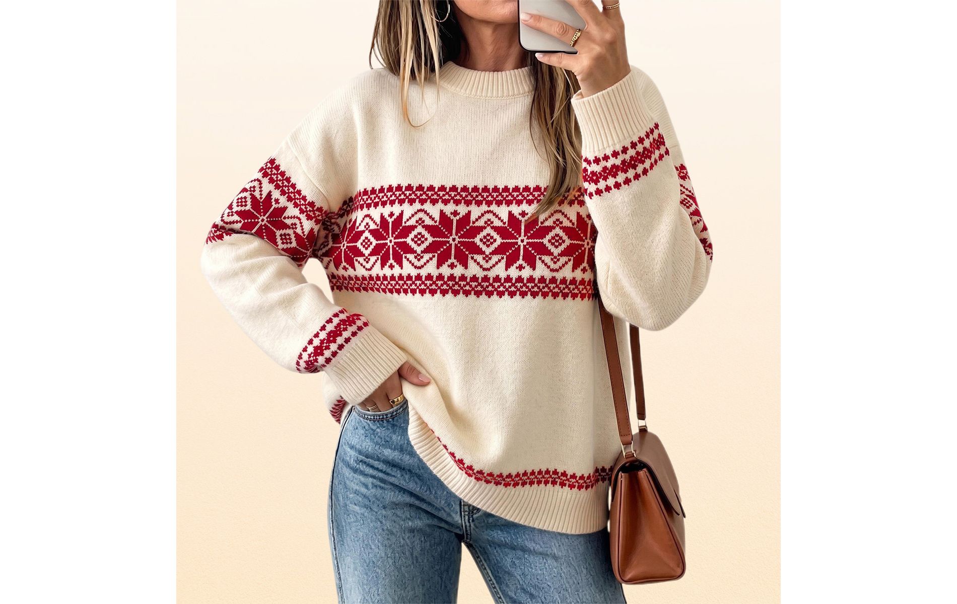 EadianDree Womens Ugly Christmas Sweater Fair Isle Snowflake Crew Neck Long Sleeve Casual Knit Pullover Loose Holiday Jumper Top