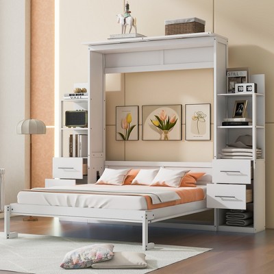 Queen Size Mobile Murphy Bed With Drawer And Little Shelves On Each Side,  White - Modernluxe : Target