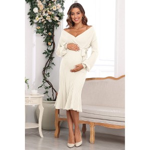 V For City Women's Warp V-Neck Puff Sleeves Pleat A-Line Maternity Dress with Waist Belt Tie - 1 of 4