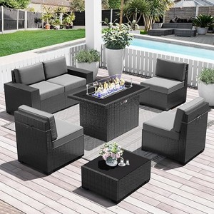 LayinSun 7 Pieces Outdoor Patio Furniture Set with 44" Fire Pit Table Rattan Sectional Sofa Conversation Sets - 1 of 4