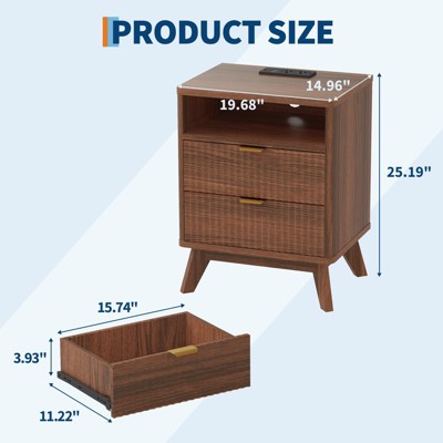 Brown colored nightstand with two drawers and dimensions labeled as 19.68" wide, 14.96" deep, and 25.19" high, with a separate drawer measuring 15.74" by 11.22" by 3.93".