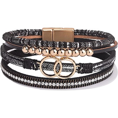 Boho Wrap Bracelet with Infinity Design, Leather Cuff Bangle with Magnetic Clasp, Stackable Jewelry Gift for Mom