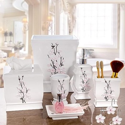 Vanda White and Pink Floral Resin Shower Curtain Hooks Set
