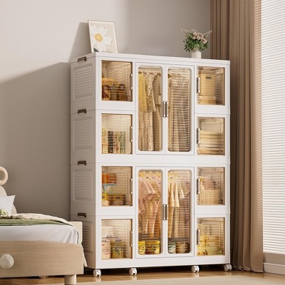 Children's Wardrobe - Foldable and easy-to-assemble wardrobe featuring 2 hanging rods and 8 storage bins, suitable for bedrooms and nurseries.