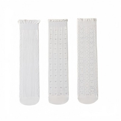 Anna-Kaci Women's 3 Pair Pack Quarter Socks with Knit Patterns Lace Trim and Bow Detail - White