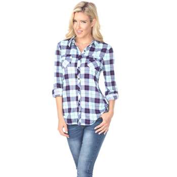 Women's Oakley Stretchy Plaid Tunic Top with Pockets - White Mark