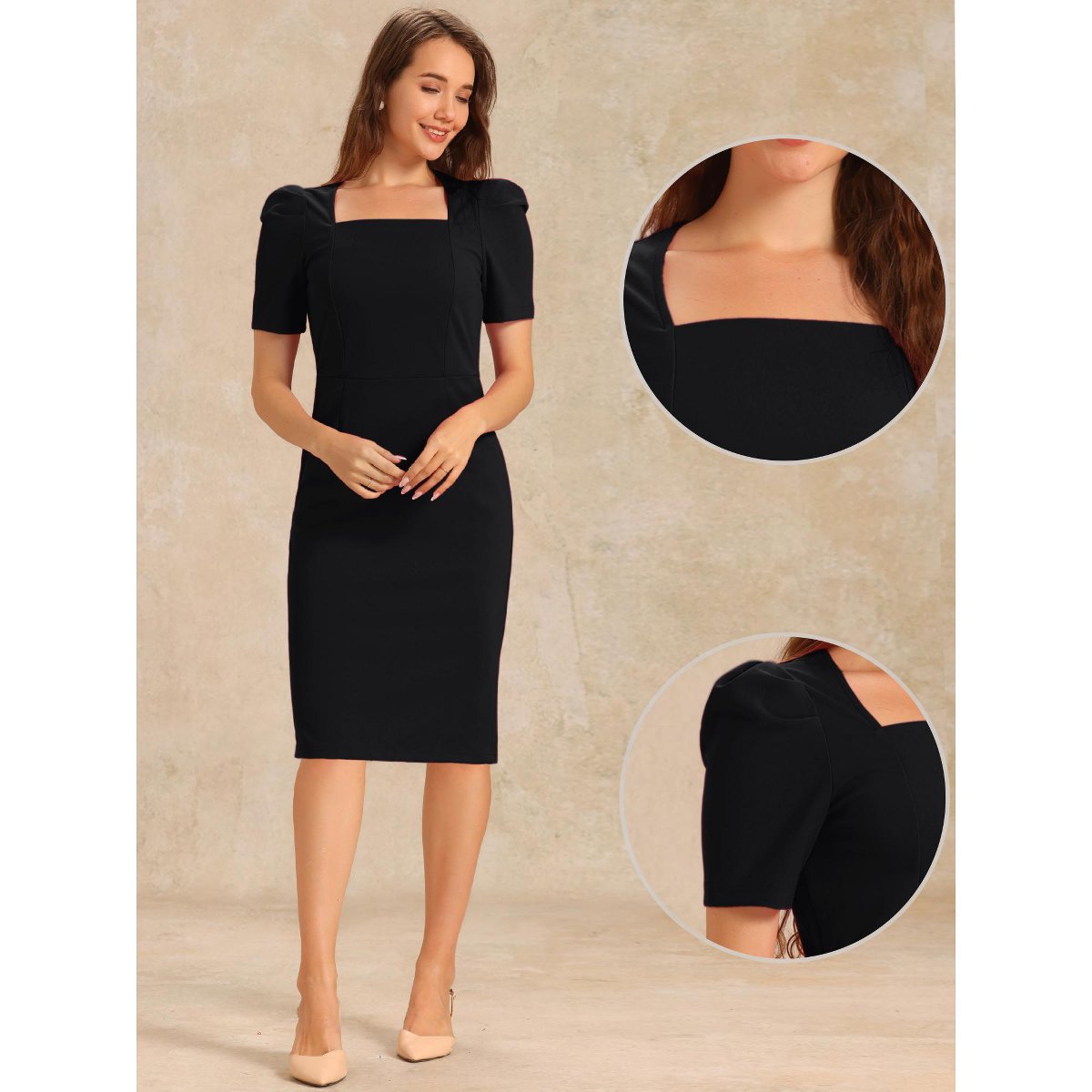 Женские платья INSPIRE CHIC Women's Square Neck Puff Sleeve Rear Slit Knee Length Business Pencil Dress X-Small Black — фото 3