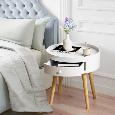 PAGED Night Stand Modern Bedside Table Wooden Round Nightstand with Storage Drawer and Desktop Baffle for Bedroom, White