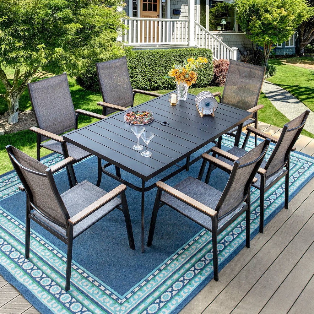 Photos - Garden Furniture 7pc Patio Dining Set with Rectangle Table with 1.57" Umbrella Hole & Alumi