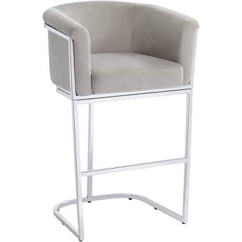Studio 55D Reign Chrome Bar Stool 31" High Modern Gray Velvet Upholstered Cushion with Backrest Footrest for Kitchen Counter Height Island Home Shed