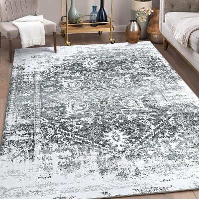 Washable Rug Large Living Room Rug Oriental Traditional Rug Vintage Rug Large Rug Blue Rug Distressed Floral Print Indoor Rug