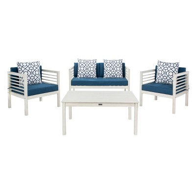 Alda 4pc Living Set with Accent Pillows - White/Navy - Safavieh