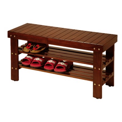 Cherry Finish Solid Wood Entryway Storage Shoe Bench