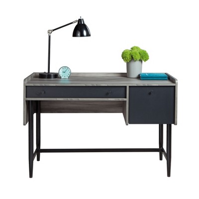 Vynxaria Space-Efficient Desk - Gray/Brown Finish, Adjustable/Fixed Shelves, Full-Extension Drawer, Top Shelf