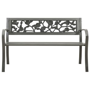 vidaXL Patio Bench, 49.2-Inch, Vintage Style, Weather-Resistant, Powder-Coated Steel, Gray, with Decorative Rose-Patterned Backrest - 1 of 4