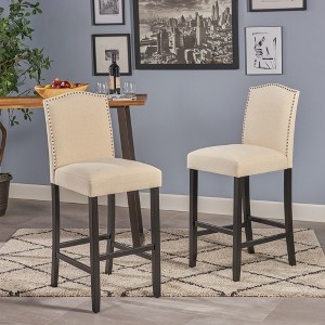 45"H Solid Wood Arch Back Bar Stool with Upholstered Seat and Nailhead Trim for Kitchen or Home Bar (Set of 2) - 1 of 4