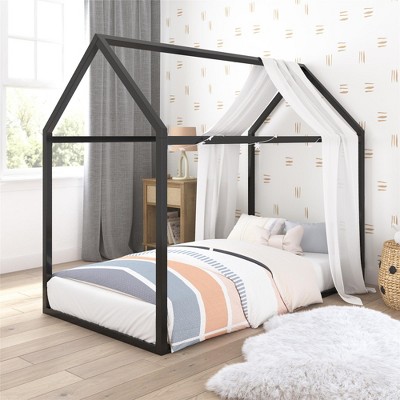 Black Metal Twin Montessori House Bed with Canopy Frame