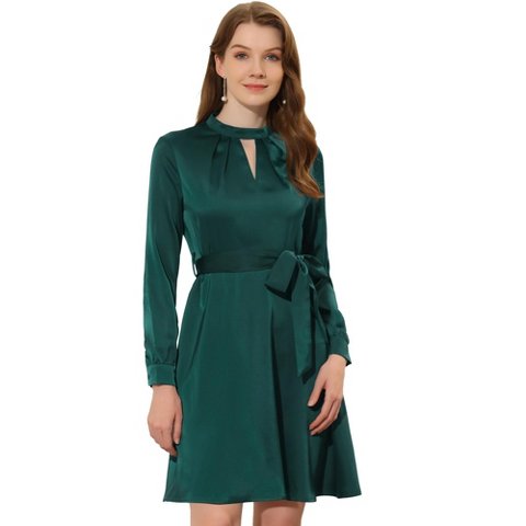 Женские платья INSPIRE CHIC Women's Mock Neck Long Sleeve Satin Keyhole Tie Waist A-line Dress X-Large Dark Green