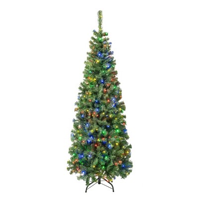 National Tree Company First Traditions 6&#39; Pre-Lit LED Sagamore Slim Artificial Christmas Tree Multicolor Lights