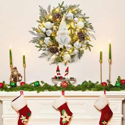 22" Pre-Lit Christmas Wreath w/ 30 Battery-Powered LEDs - Silver Ornaments, Pinecones & Berries | All-Weather Indoor/Outdoor Holiday Decor