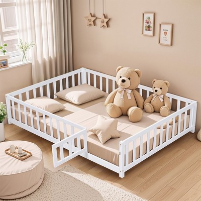 Full Size Floor Platform Bed With Fence And Door, Wooden Floor Bed Frame With Support Slats For Boys Girls Bedroom Furniture