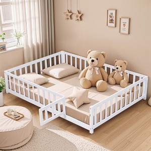 Full Size Floor Platform Bed With Fence And Door, Wooden Floor Bed Frame With Support Slats For Boys Girls Bedroom Furniture - 1 of 4
