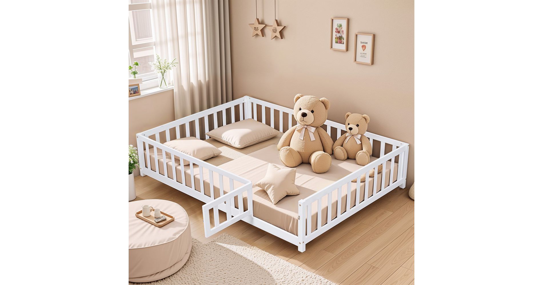 Full Size Floor Platform Bed With Fence And Door, Wooden Floor Bed Frame With Support Slats For Boys Girls Bedroom Furniture