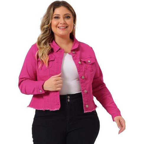 Agnes Orinda Women's Plus Size Outerwear Button Front Washed Denim Jean  Jacket Pink 5x : Target