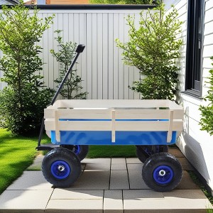 FURNIinspire Wheelbarrows And Lawn Carts Outdoor Wagon Pulling Air Tires Garden Cart, Lawn Cart With Pull Handle, Blue, 39“*19"*20" - 1 of 4