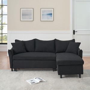 VASIP 80-inch black corduroy L-shaped sofa with two small throw pillows that can be converted into a sofa bed for storage - 1 of 4