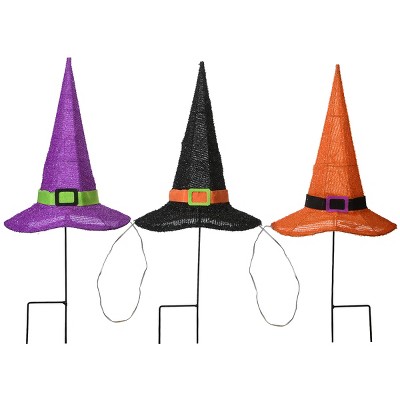 23" Pre-lit Multicolor Witch's Hat Garden Stakes with Glittering Tinsel Fabric
