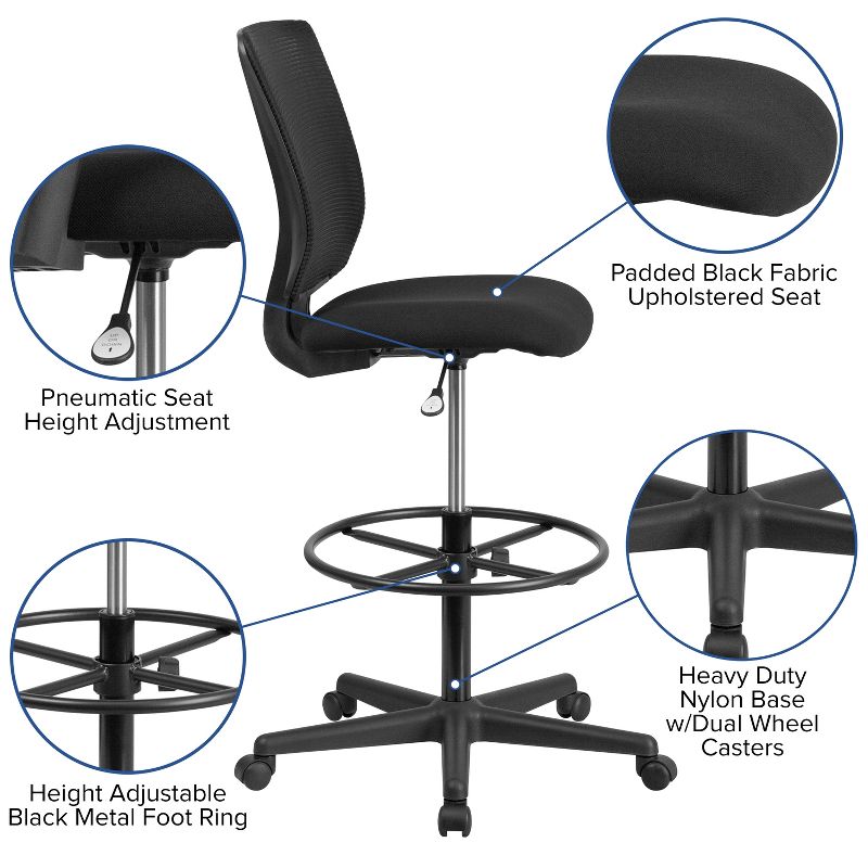 Flash Furniture Ergonomic Mid-Back Mesh Drafting Chair with Black Fabric Seat and Adjustable Foot Ring, 4 of 12