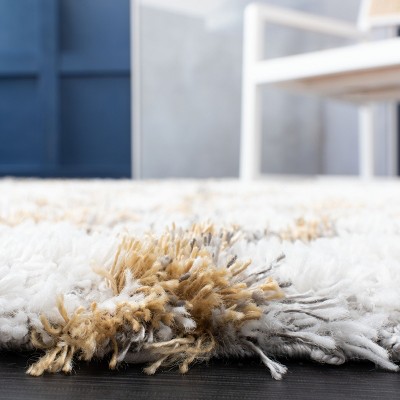 Ivory and Gold Abstract Shag 3' x 3' Square Rug