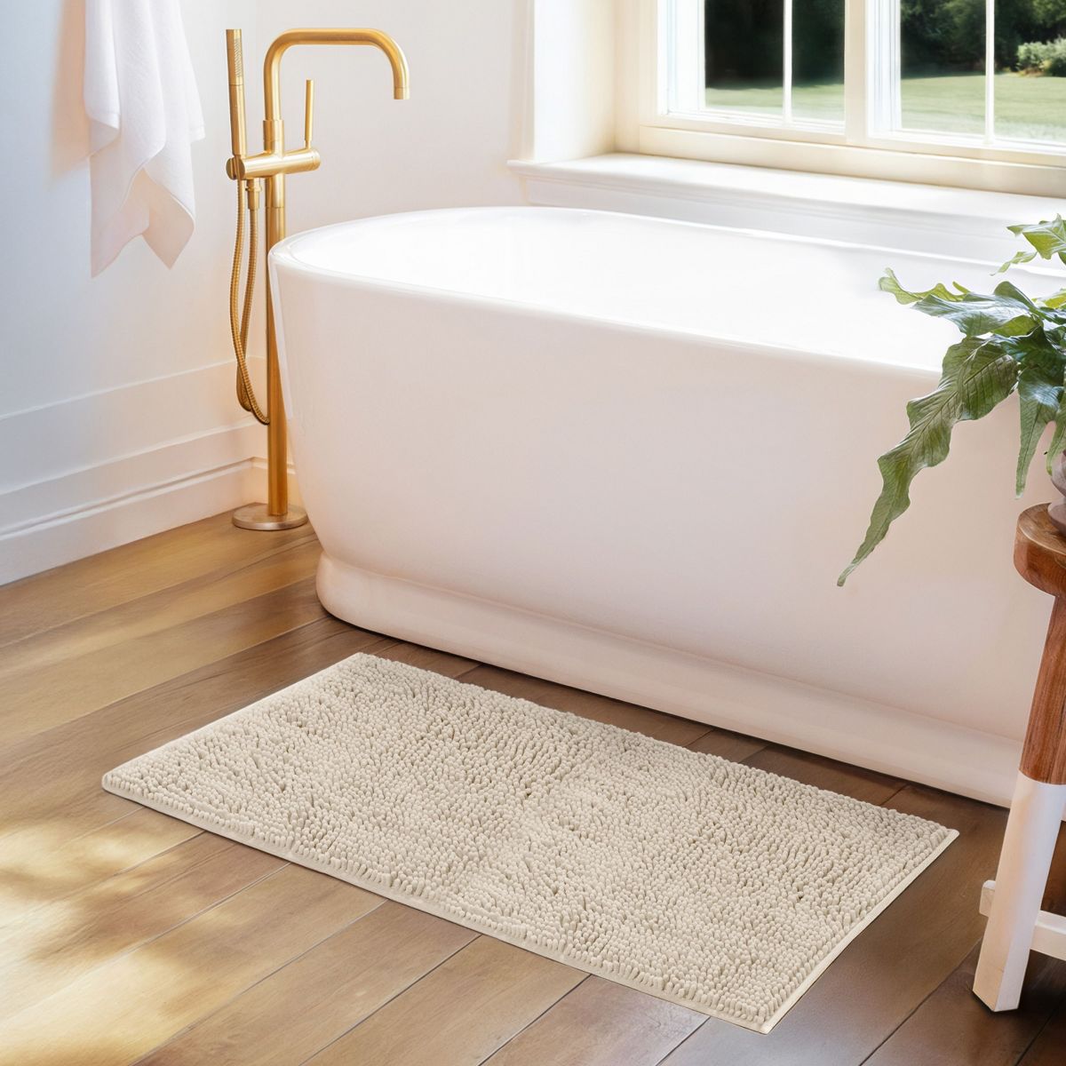 Soft Absorbent Chenille Bath Mat Rug with Anti-Skid Rubber Backing - Becky Cameron, Ivory, 34 in x 21 in