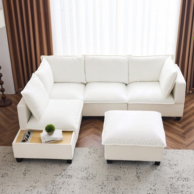 Whisen 90" U-shaped Sectional Sofa Modular Sofa Couch with a Movable Ottoman , a Coffee Table with Hidden Charging Devices