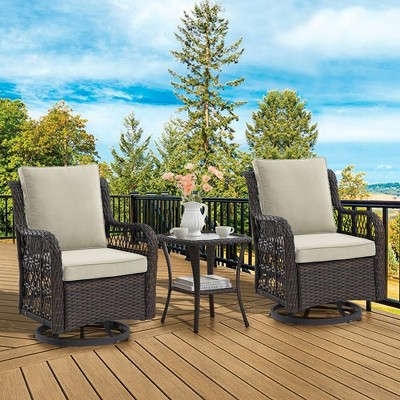 Whizmax 3 Pieces Outdoor Swivel Rocker Chair Set of 2 with Glass Top Table, Outdoor Swivel Glider Rocker, Wicker Swivel Chair Set for Patio Porch Pool