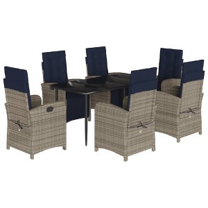 vidaXL 7-Piece Outdoor Patio Dining Set - Gray Poly Rattan Chairs with Adjustable Backrest, Navy Cushions, and Tempered Glass Table - 1 of 4