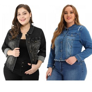 Women's Plus Size 2 Pieces Classic Denim Front Frayed Casual Long Sleeve Fashion Jean Jackets - Agnes Orinda - 1 of 4
