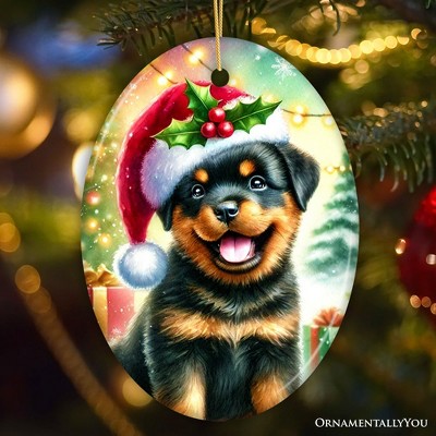Festive Rottweiler Christmas Ornament in Porcelain Oval