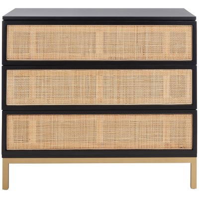 Black and Natural Rattan 3-Drawer Chest with Gold Legs