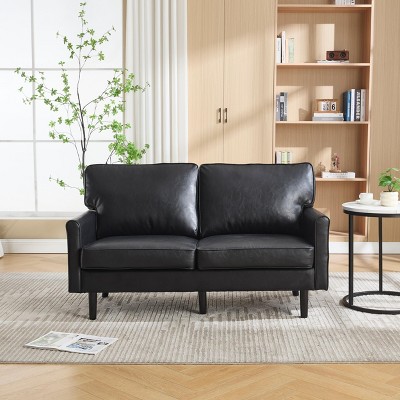MOONMISS Mid Century 2 Seater Sofa PU and Boucle Couches for Living Room, Small Couch with USB & Removable Pillow Cover