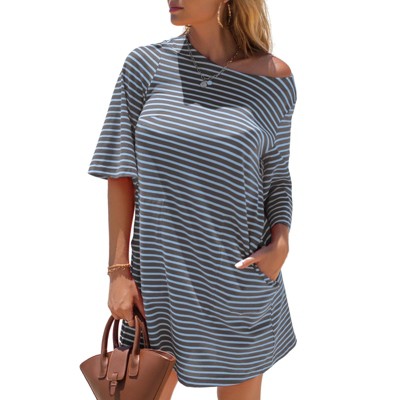 EXLURA Women's 2025 Summer Oversized Short Sleeve T Shirt Dress Casual Crew Neck Striped Tops Loose Sundress with Pockets