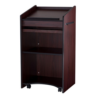 Mahogany Mobile Lectern with Shelves and Casters