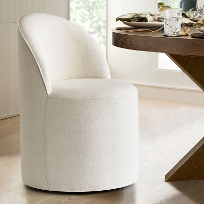 Modern Upholstered Dining Chair with Castors Round Dining Room Chair with Cushioned Backrest Linen Barrel Dining Chair for Kitchen -Tanpinhause