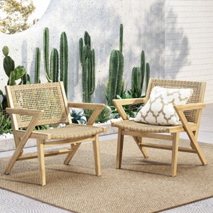 GDFStudio Inez Outdoor Wicker Club and Acacia Wood Chairs (Set of 2), Light Brown and Light Multibrown - 1 of 4