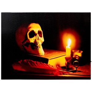 Northlight 15.75" Halloween Prelit LED Antique Candle and Skull Canvas Wall Art - Black/Orange - 1 of 4