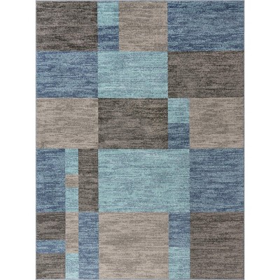Blue and Gray Geometric 9' x 12' Synthetic Area Rug